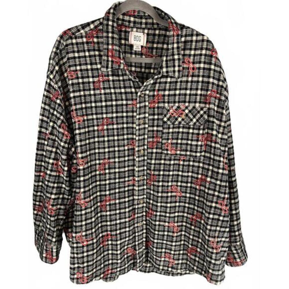 BDG Bow Embroidered Oversized Flannel – Coquette Plaid Button Down – Size Large